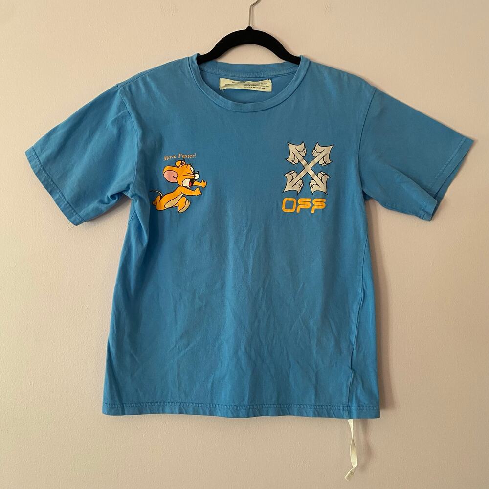 "Main Label" Off-White Blue Move Faster! Tom Jerry Short Sleeve Tee Men Large - Picture 2 of 12